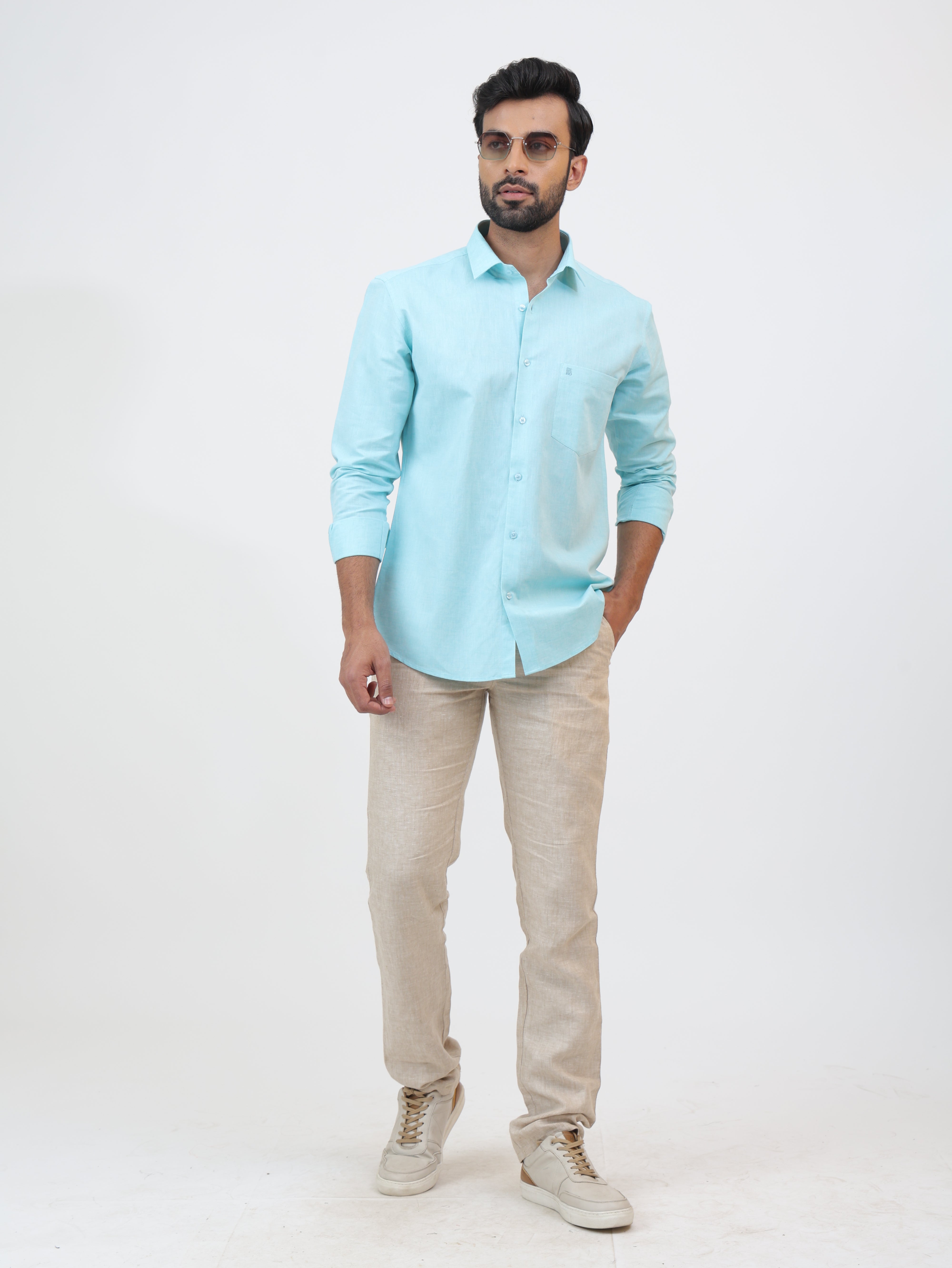 Pale Turquoise Cotton Linen Shirt