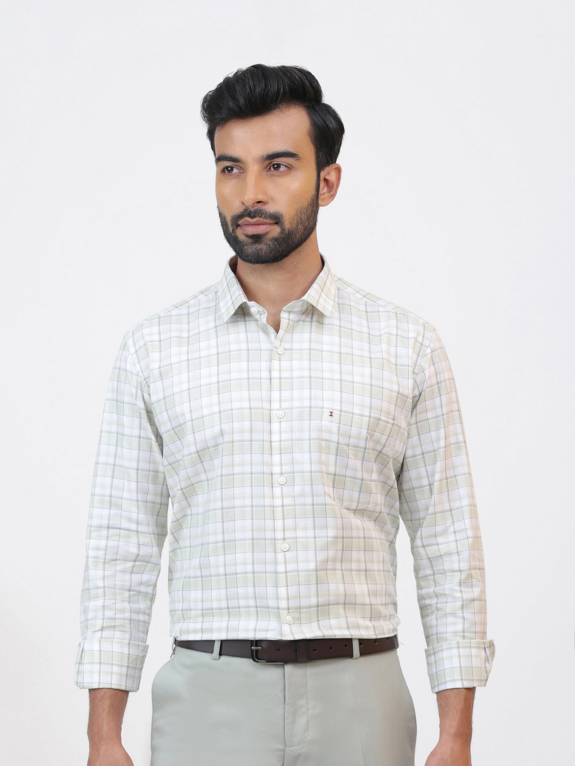 Ivory White Check Shirt, crafted from cream 100% cotton fabric with a check pattern, tailored fit with long sleeves.