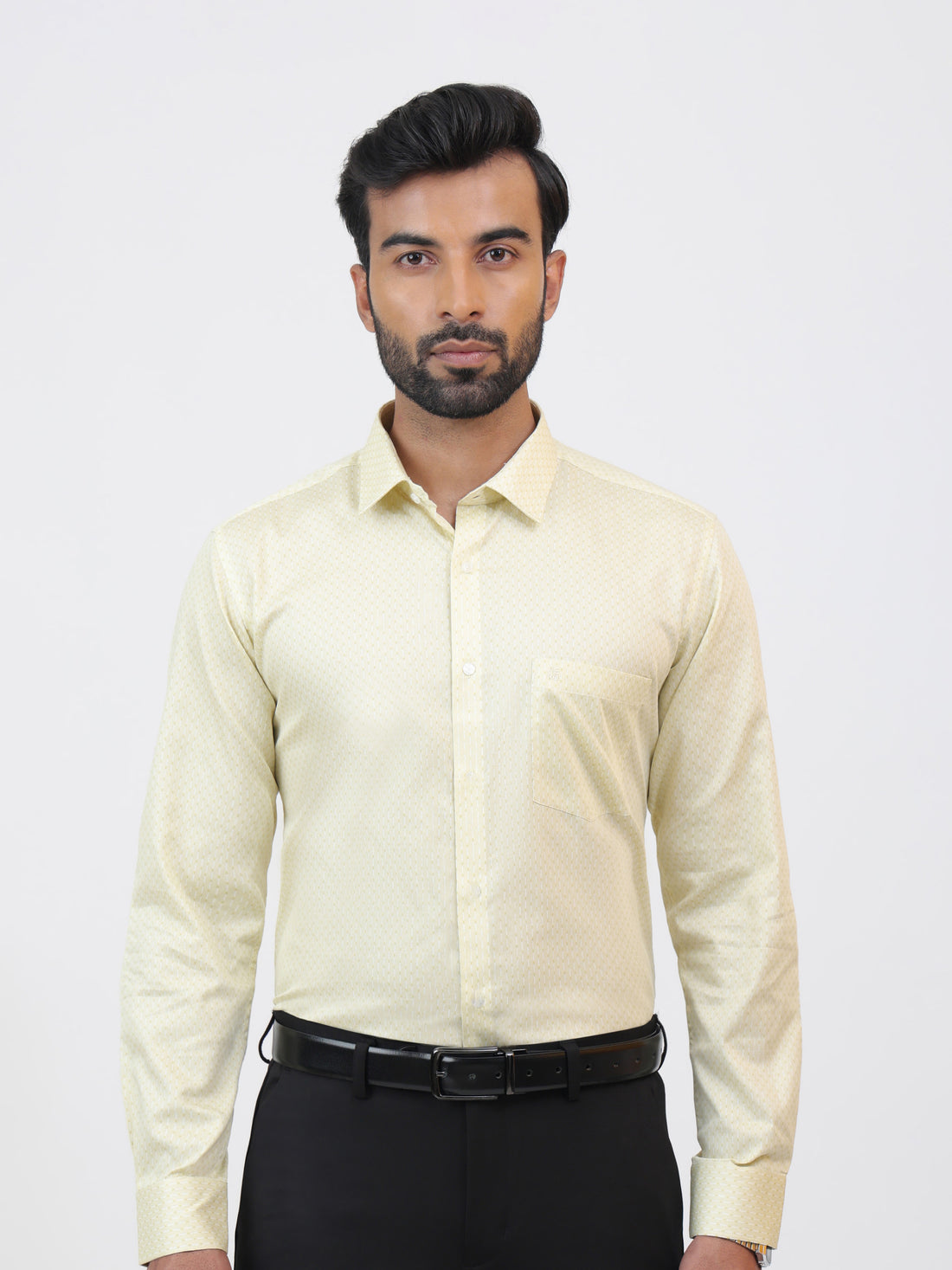 Silver Lemon Shirt that is crafted from yellow geometric-printed cotton satin material, and having tailored fit with long sleeves.