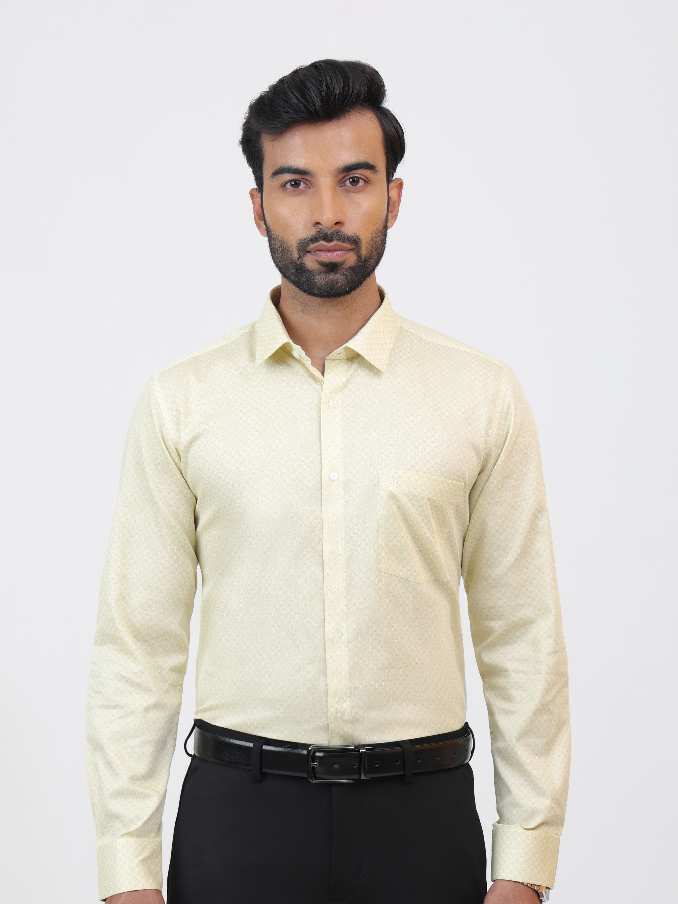 Silver Lemon Shirt that is crafted from yellow geometric-printed cotton satin material, and having tailored fit with long sleeves.
