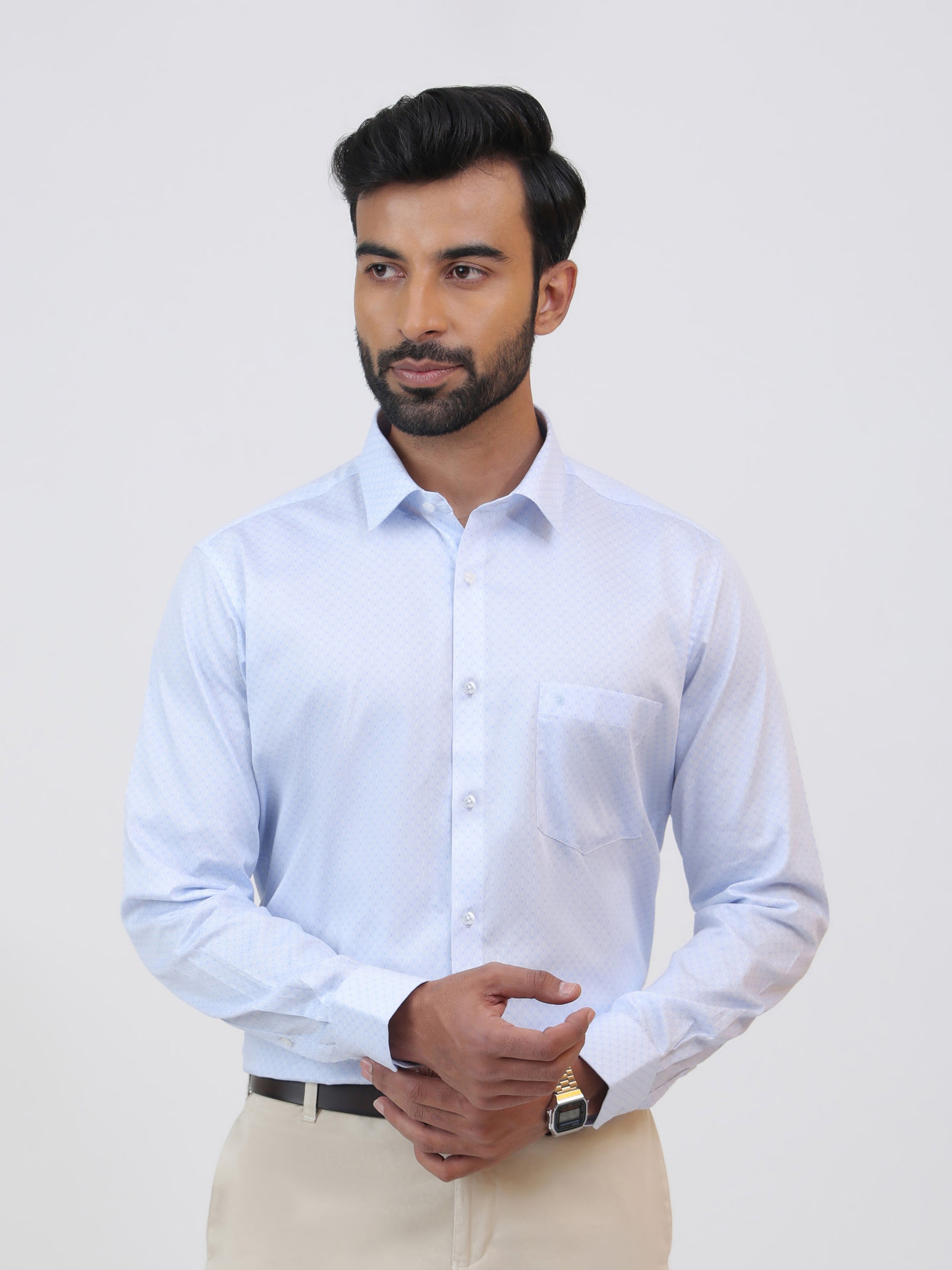 Silver Blue geometric printed cotton satin shirt with a tailored fit and long sleeves.