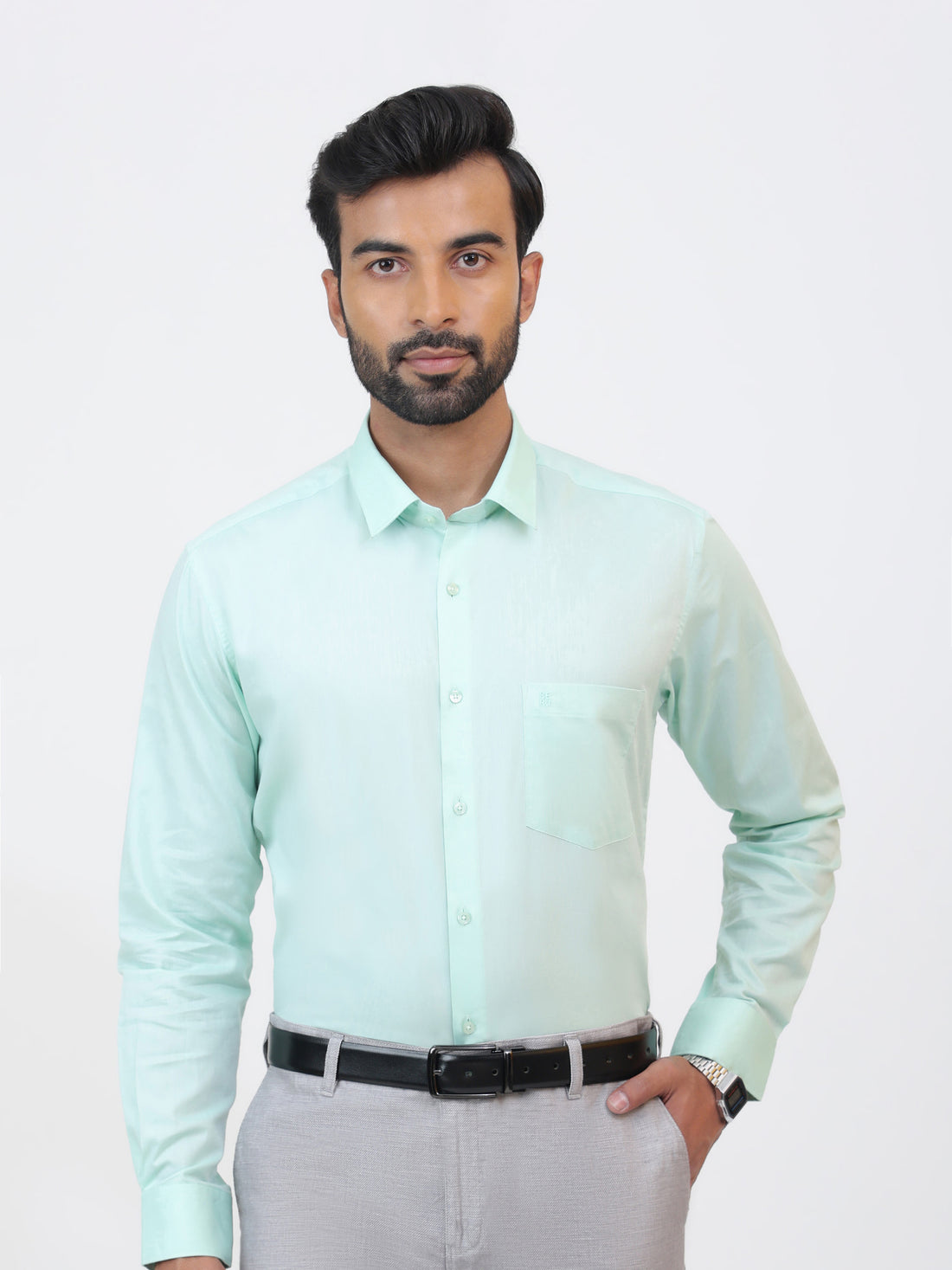 Oil Green Shirt, a green cotton shirt with a tailored fit and long sleeves.