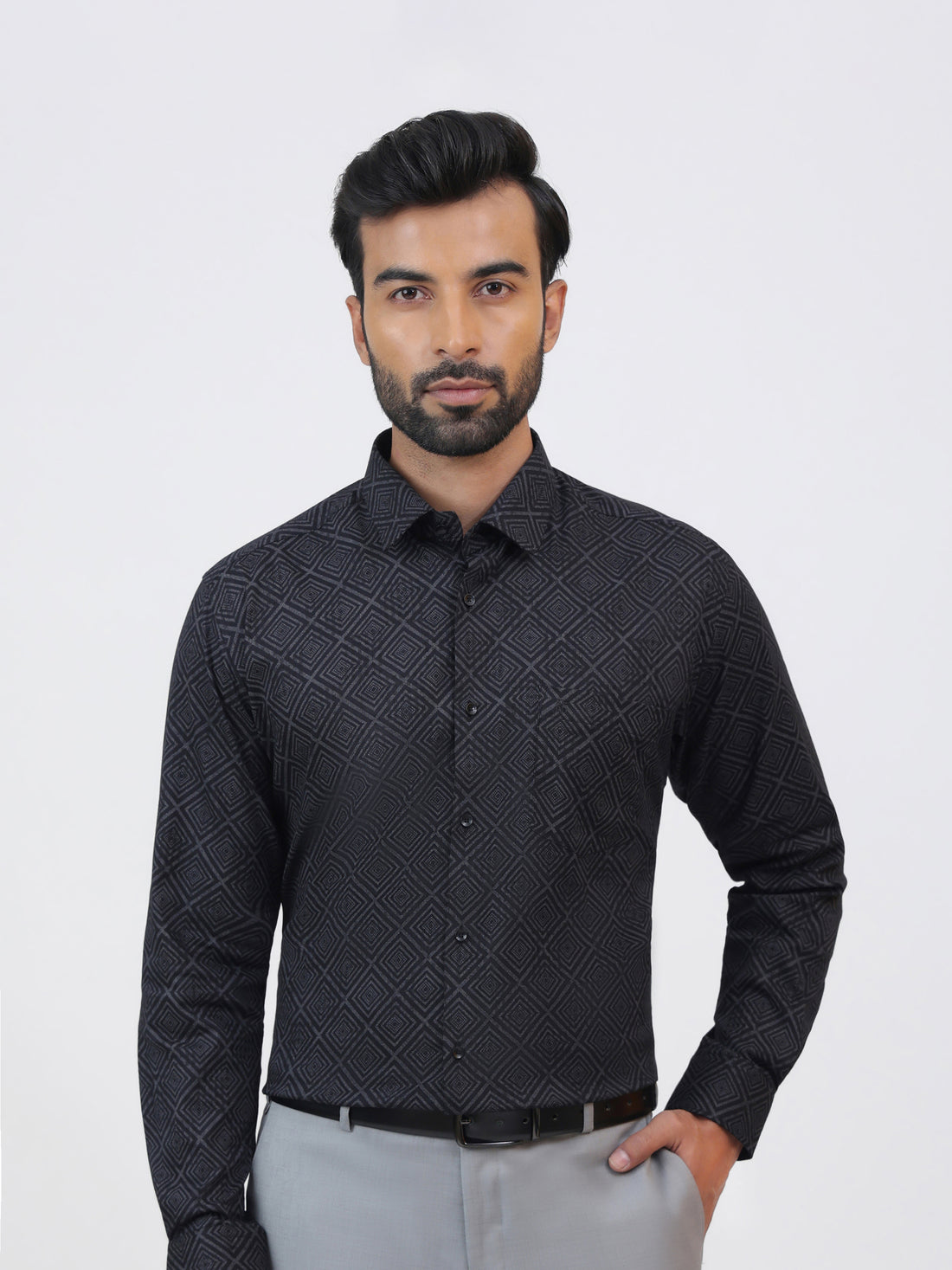 Black Diamond Print Shirt, a black geometric printed cotton lycra shirt with a tailored fit and long sleeves.