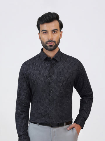 Black Diamond Print Shirt, a black geometric printed cotton lycra shirt with a tailored fit and long sleeves.