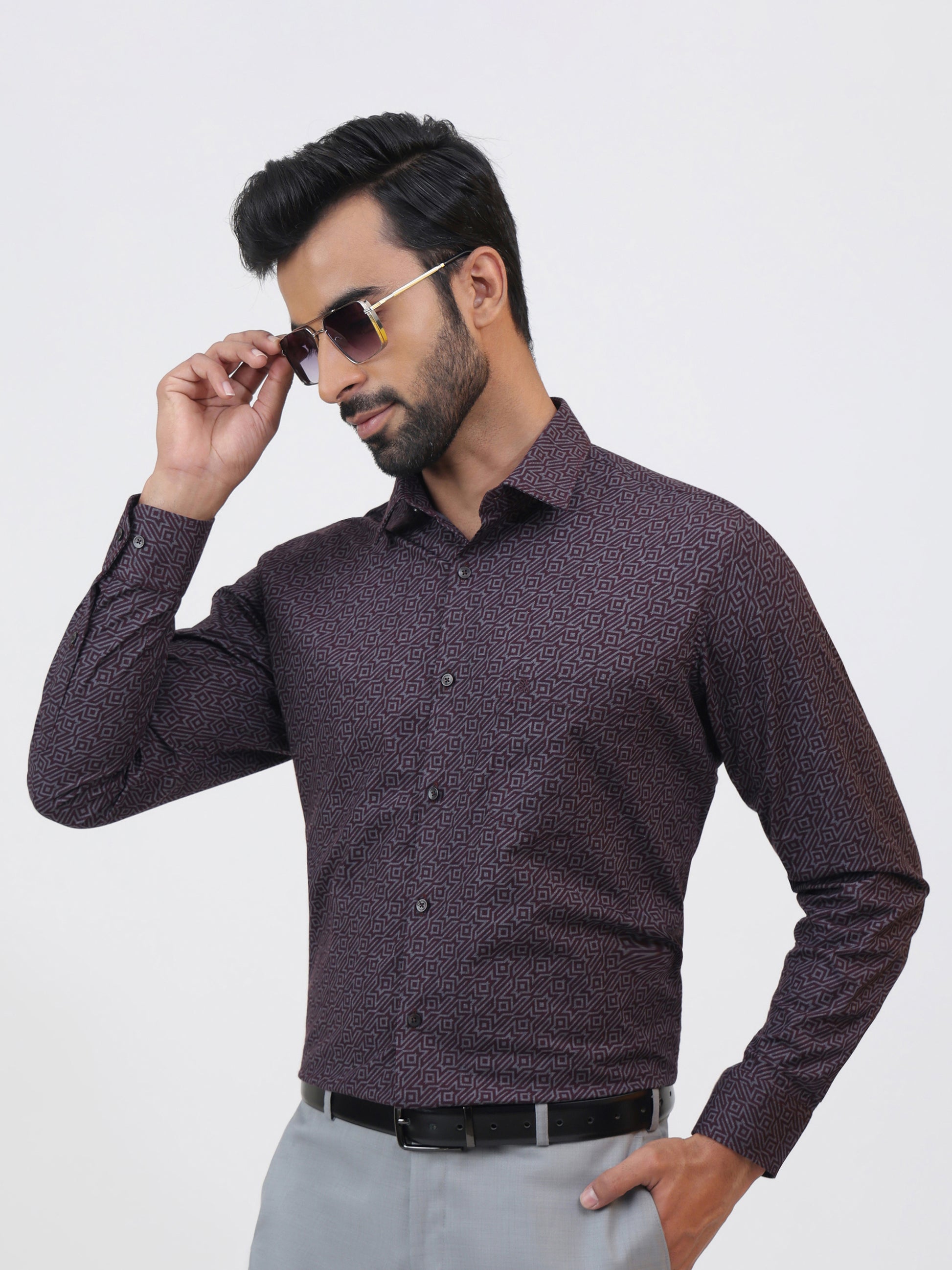 Port Wine Shirt, maroon geometric-printed shirt with a tailored fit and long sleeves.