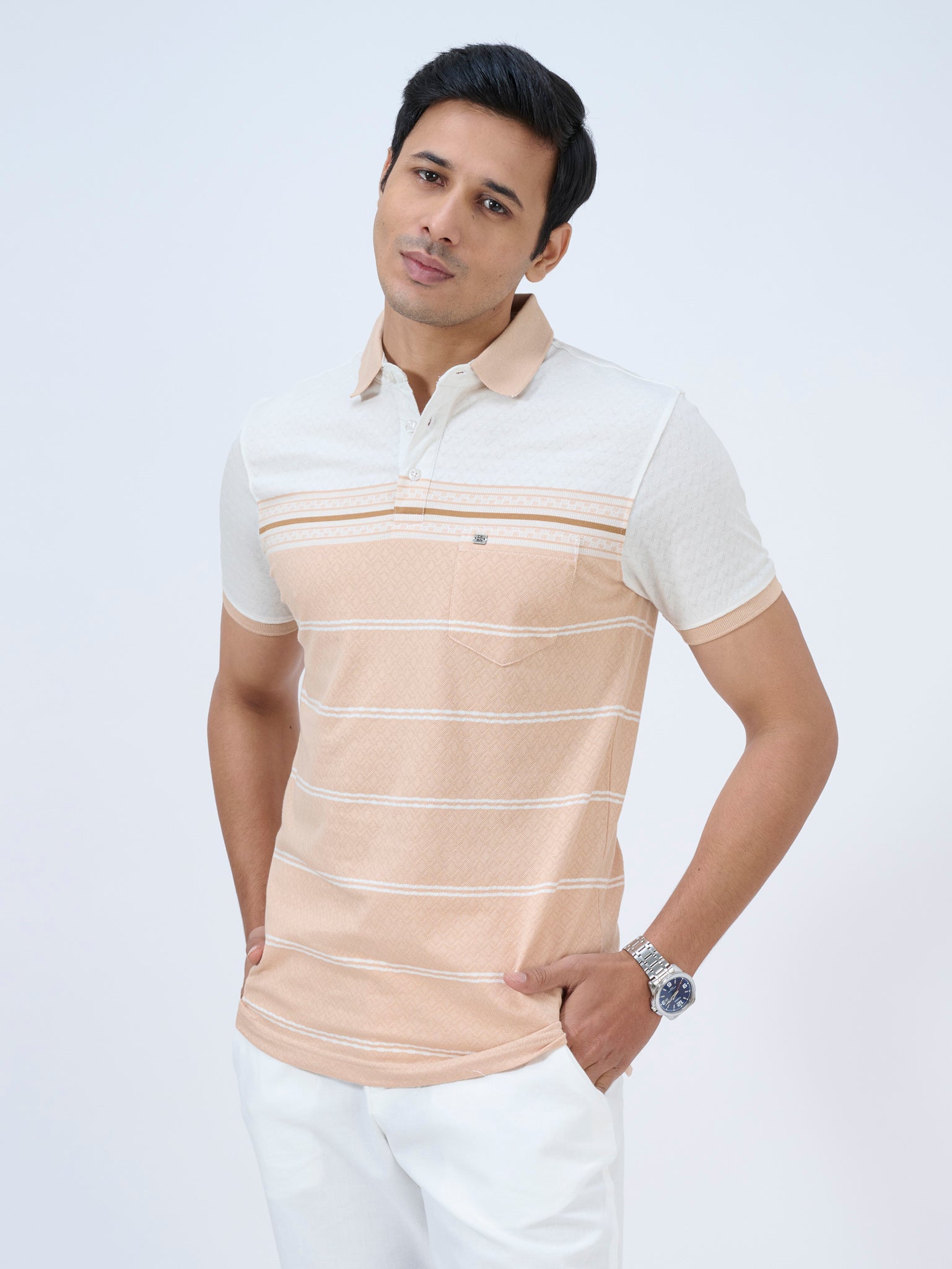 Peach Fizz Striped Polo T-Shirt
