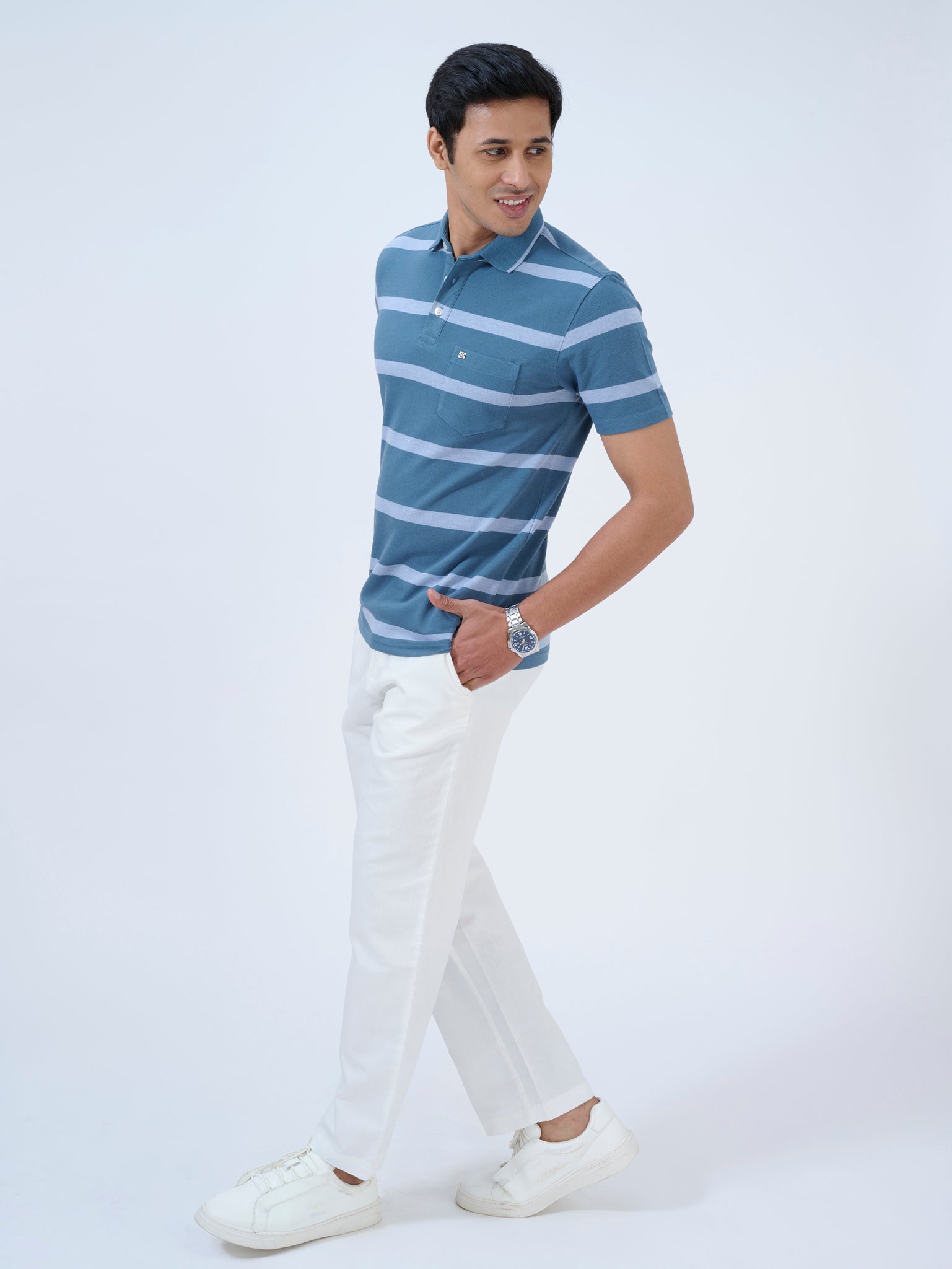 Ocean Blue Striped Polo T-Shirt