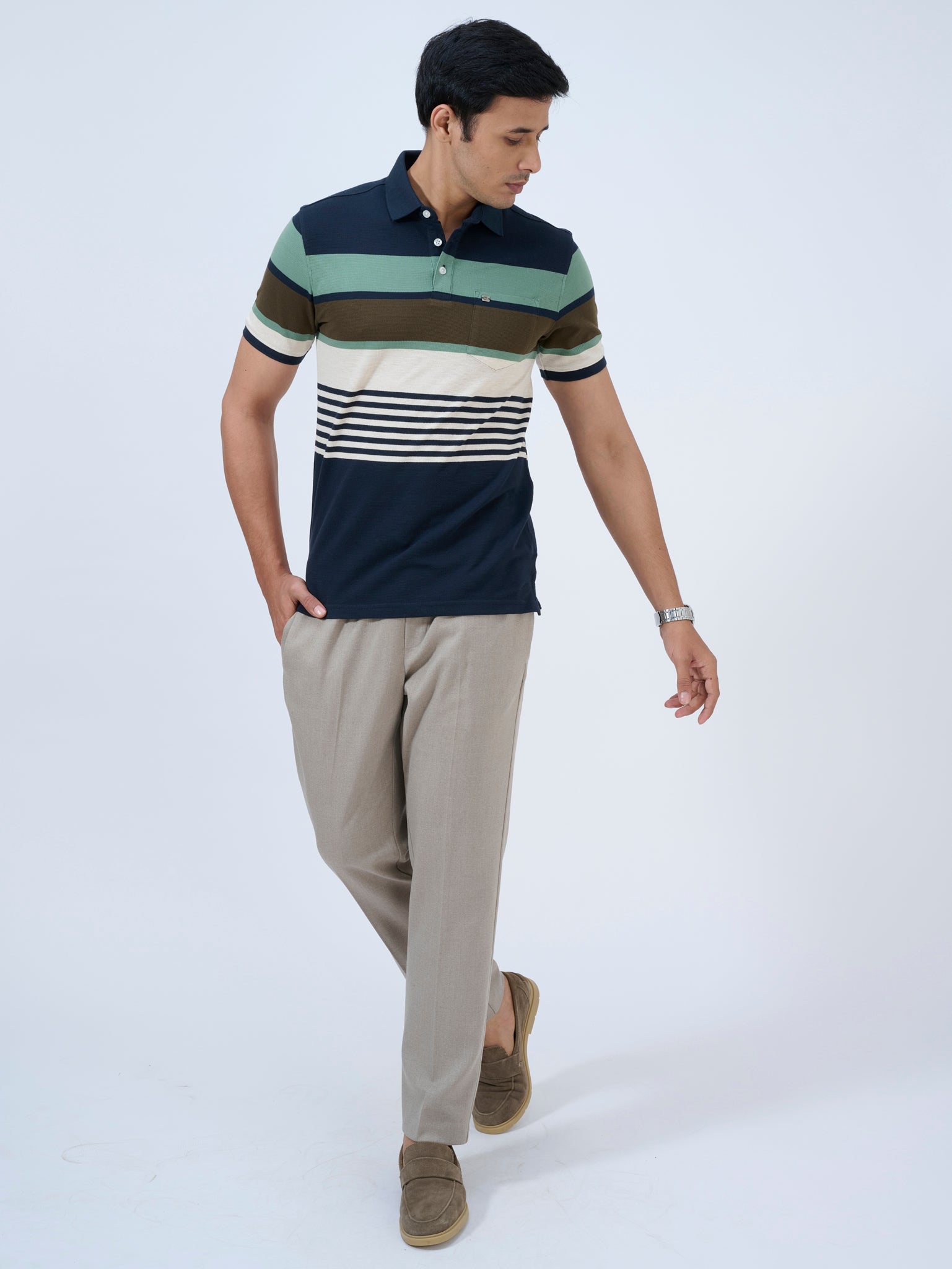 Neon Navy Striped Polo T-Shirt