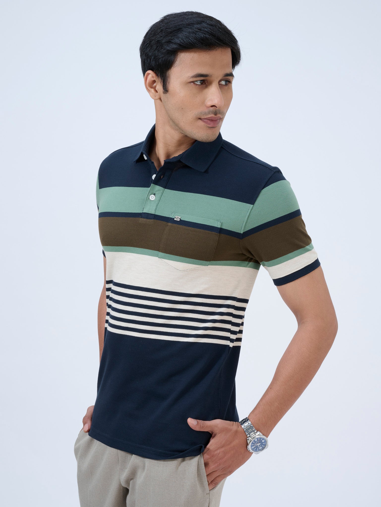 Neon Navy Striped Polo T-Shirt