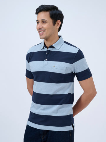 Cool Cerulean Striped Polo T-Shirt