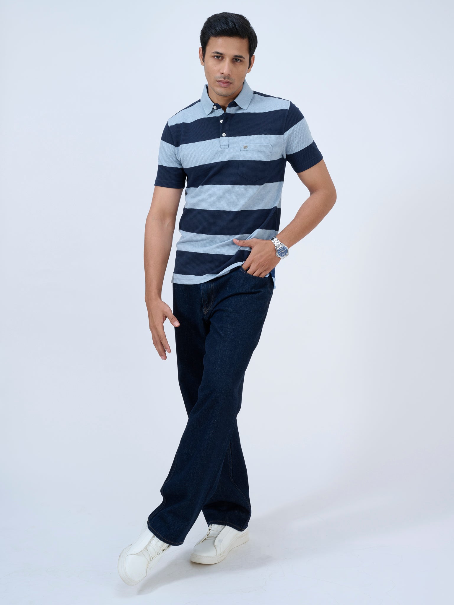Cool Cerulean Striped Polo T-Shirt