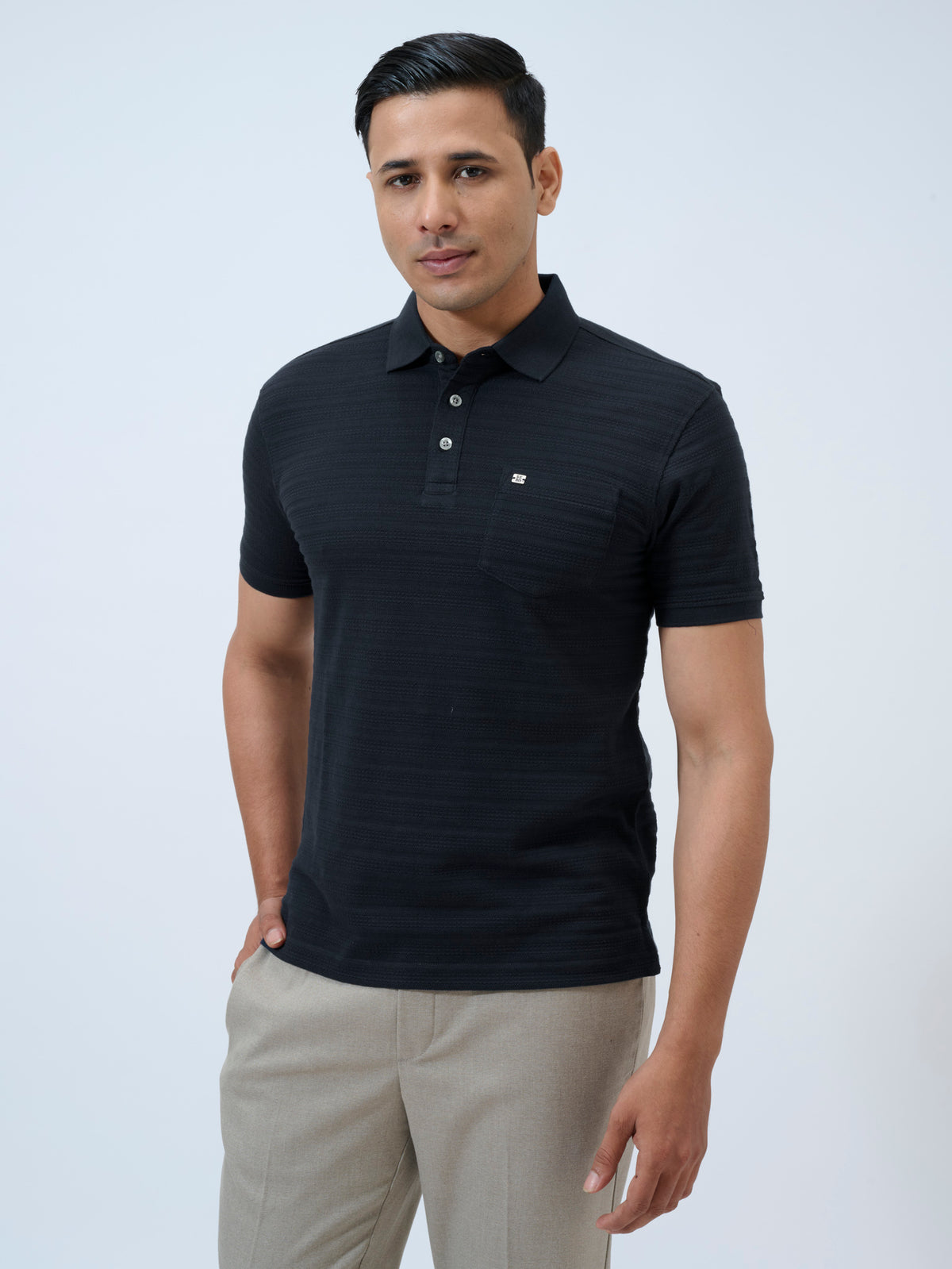 Black Textured Stripe Polo