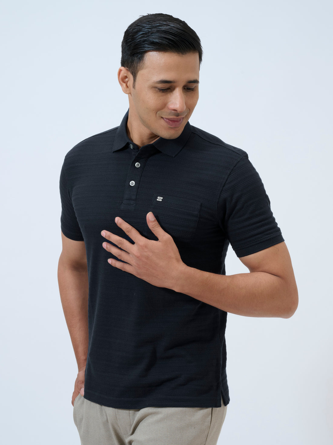 Black Textured Stripe Polo