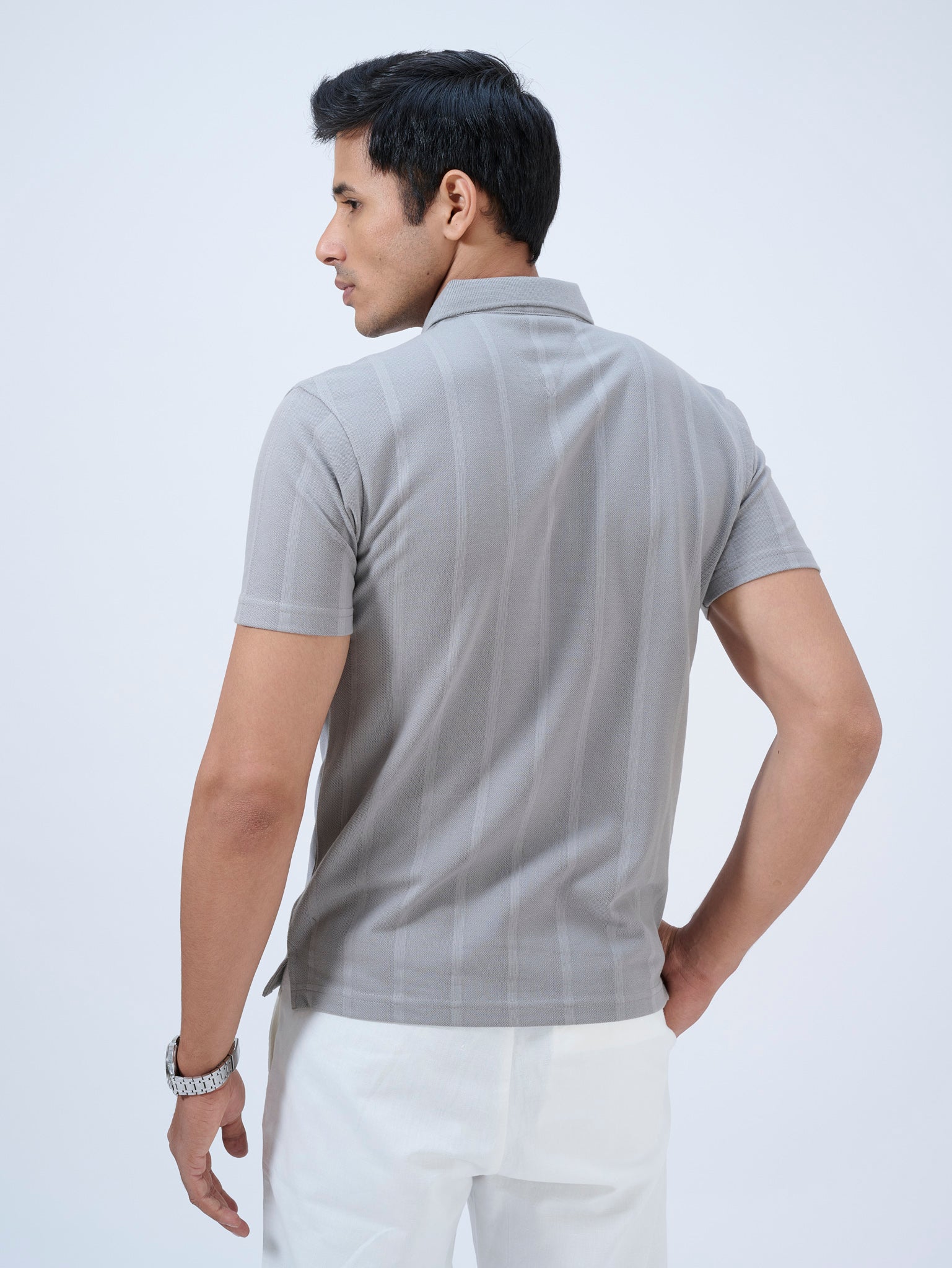 Pearl Grey Striped Polo T-Shirt