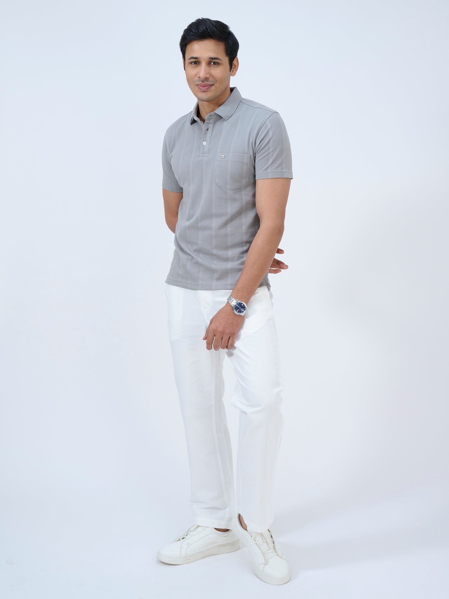 Pearl Grey Striped Polo T-Shirt