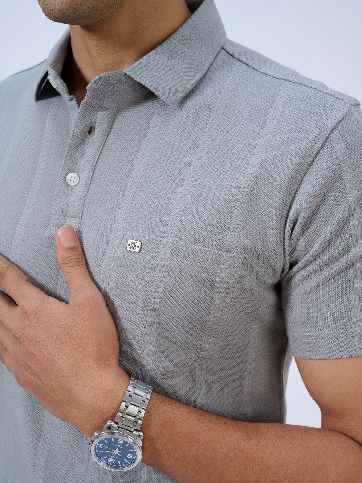 Pearl Grey Striped Polo T-Shirt