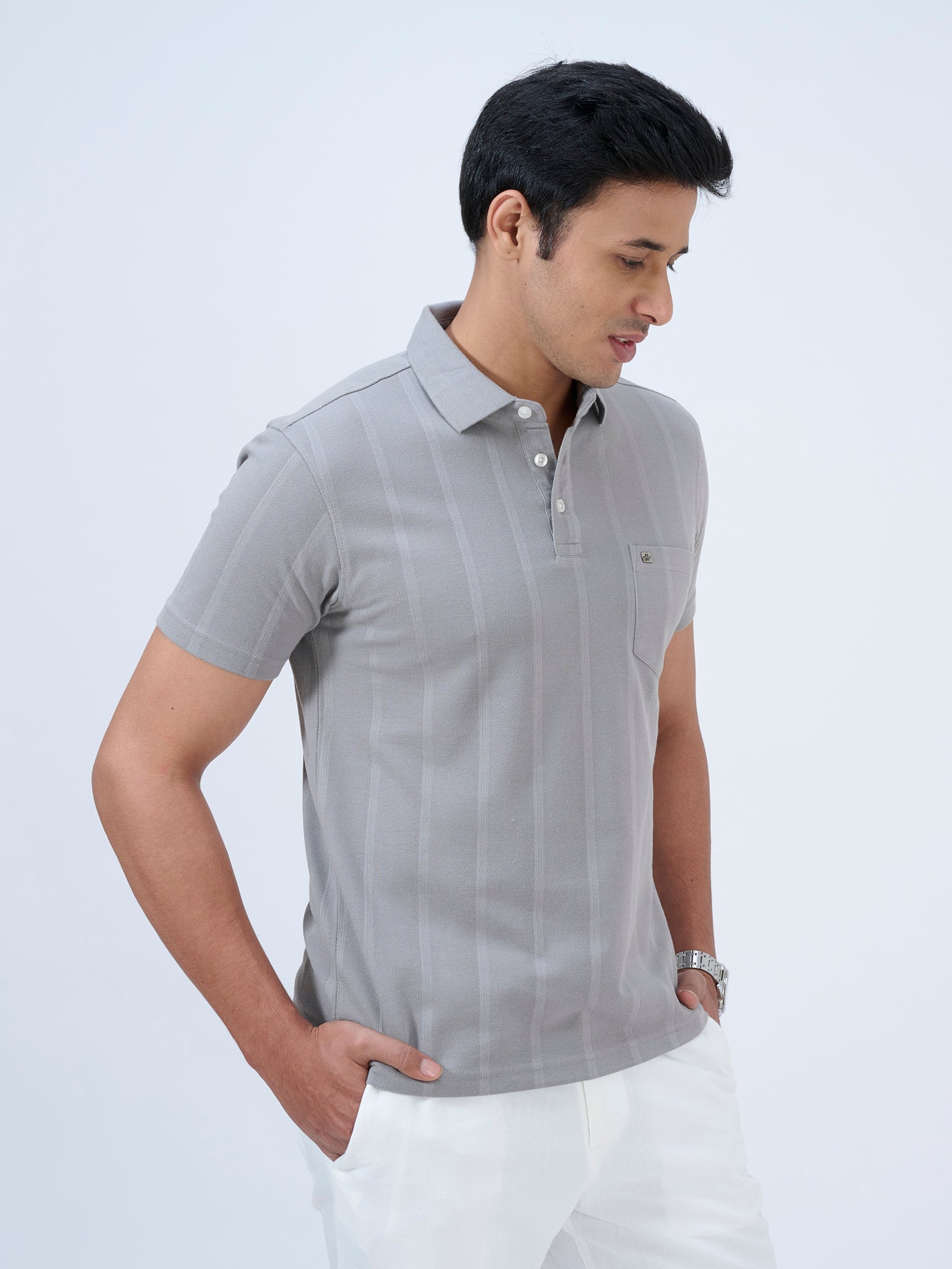 Pearl Grey Striped Polo T-Shirt
