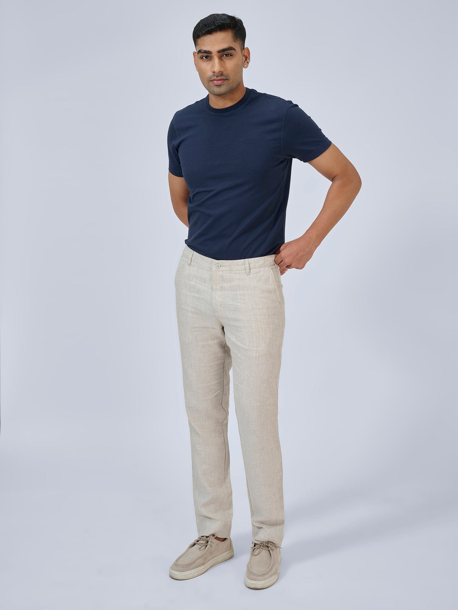 Beige Cream Flat Front Trousers