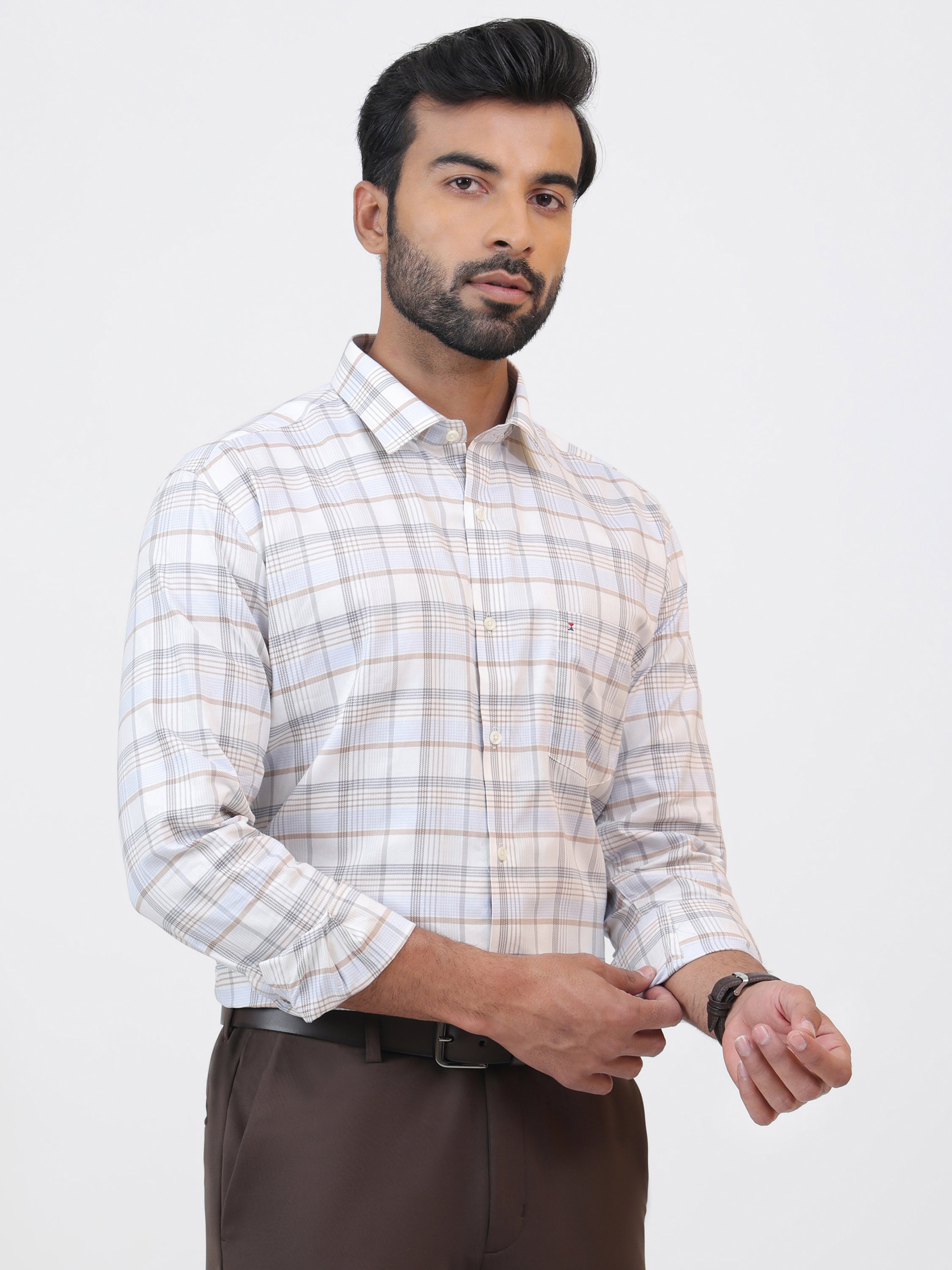 Light Mocha Check Shirt, crafted from 100% cotton material with a woven check pattern, tailored for a sharp fit and finished with long sleeves.