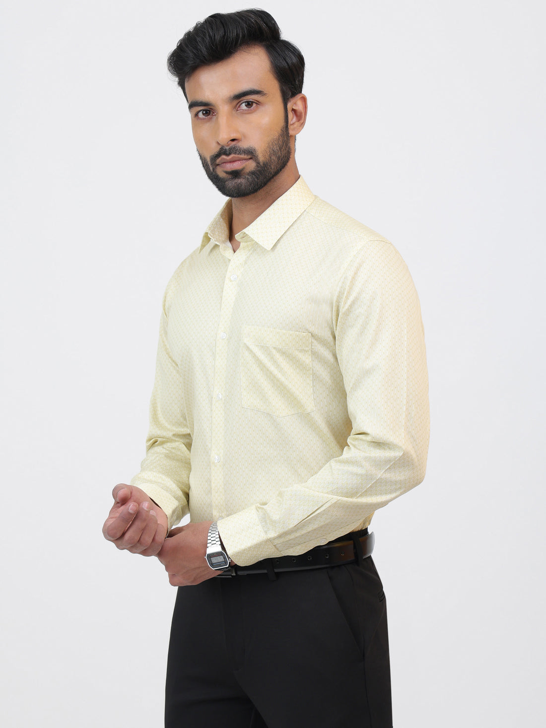 Silver Lemon Shirt that is crafted from yellow geometric-printed cotton satin material, and having tailored fit with long sleeves.