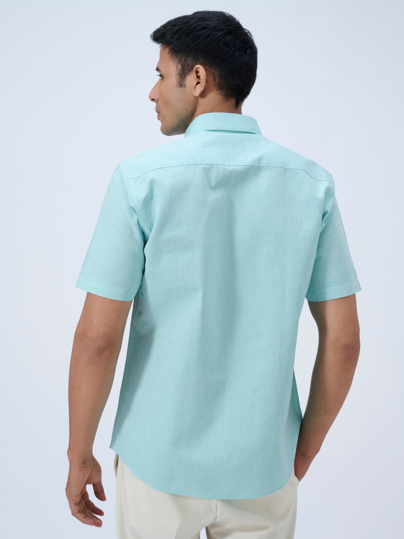 Aqua Mist Cotton Linen Half Sleeve Shirt