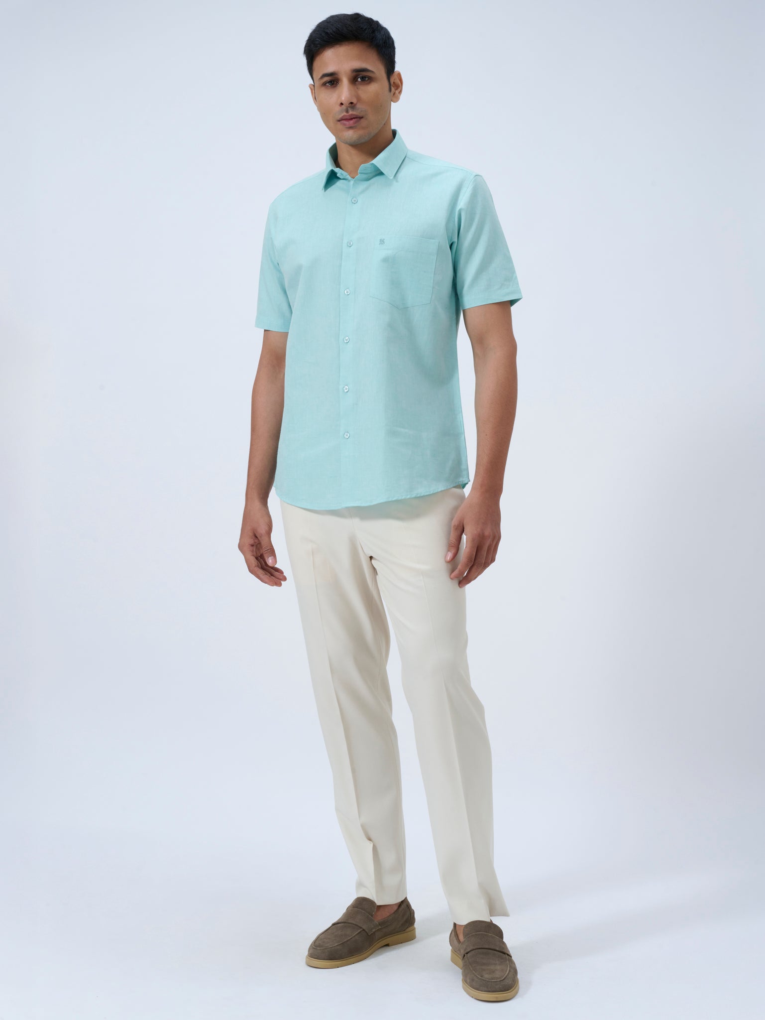 Aqua Mist Cotton Linen Half Sleeve Shirt