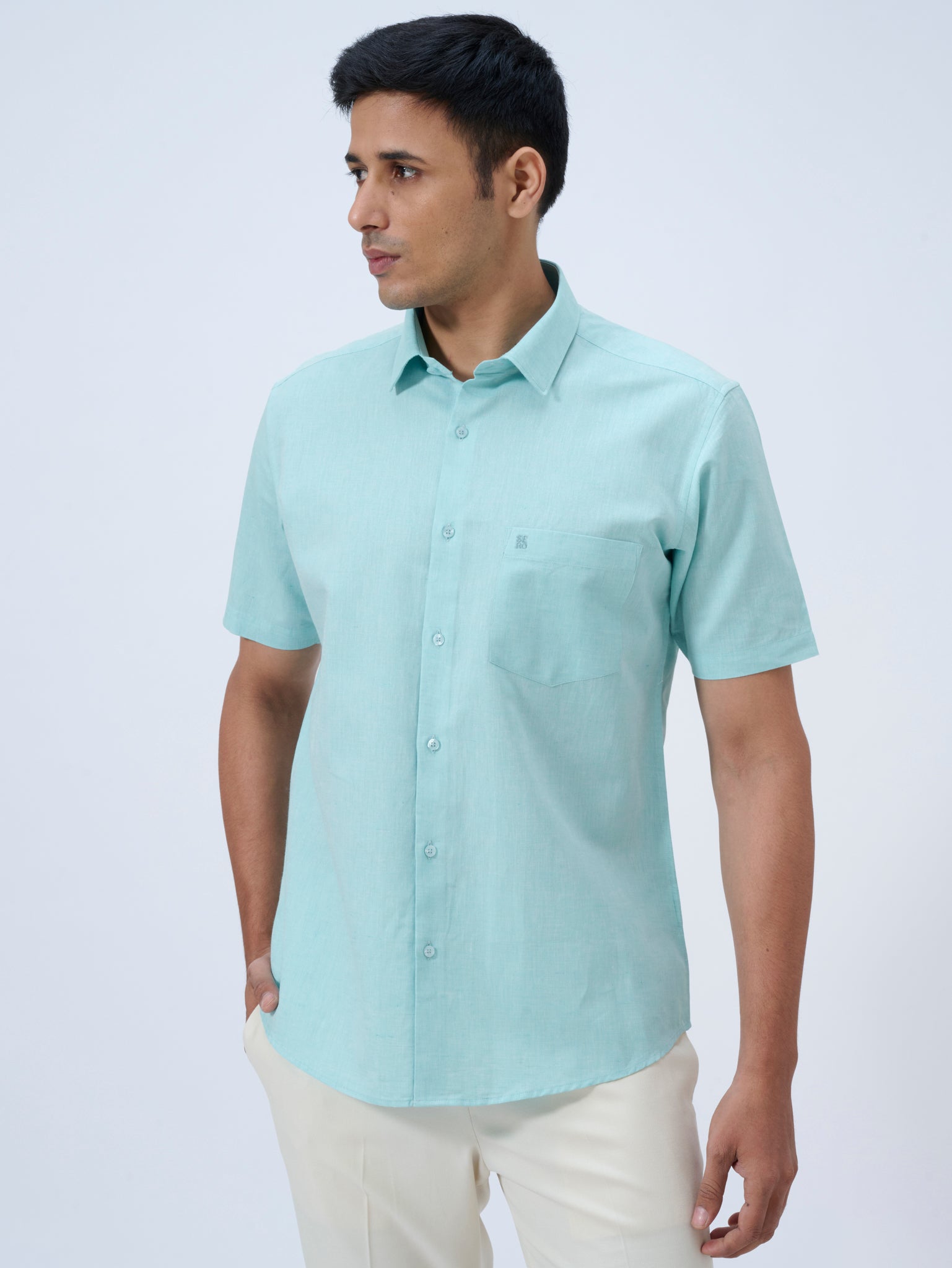 Aqua Mist Cotton Linen Half Sleeve Shirt
