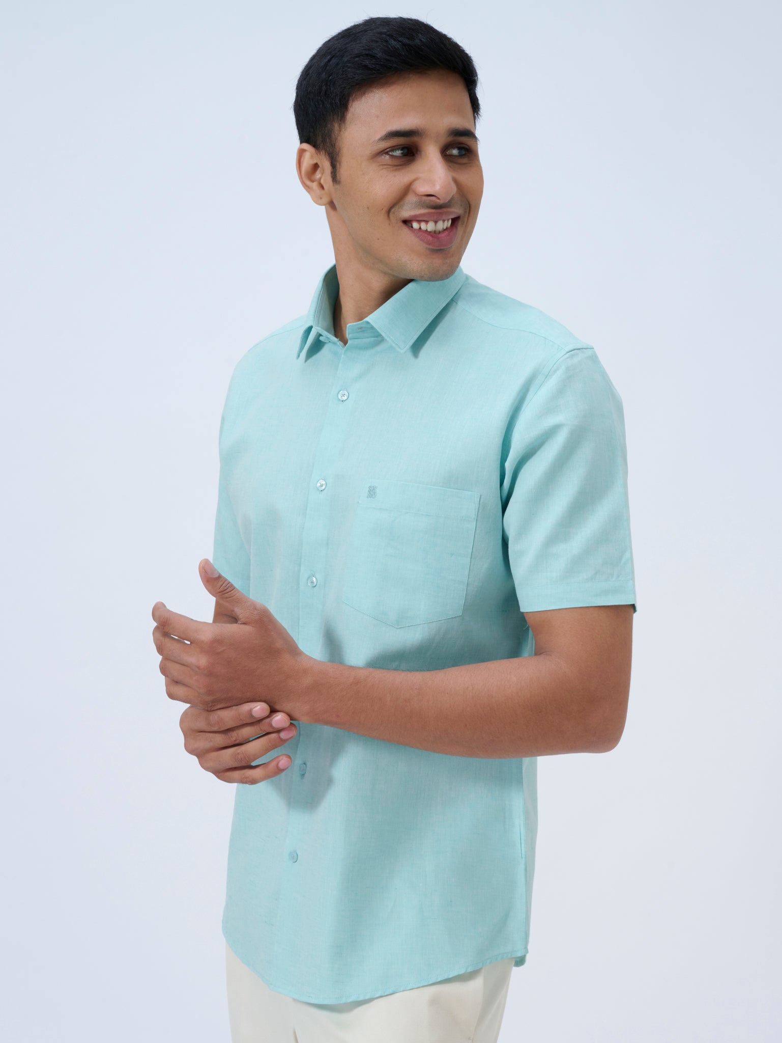 Aqua Mist Cotton Linen Half Sleeve Shirt