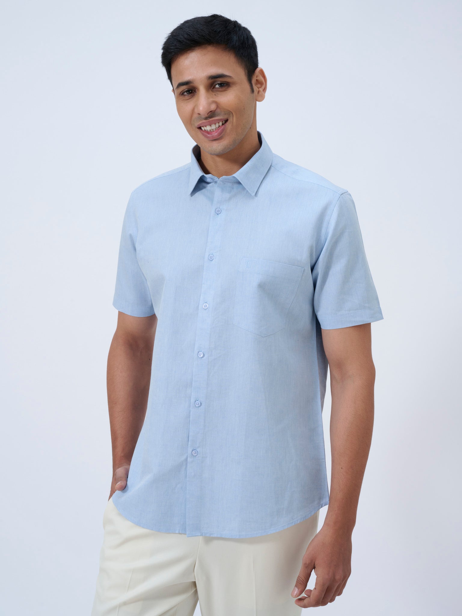 Breezeday Blue Cotton Linen Half Sleeve Shirt
