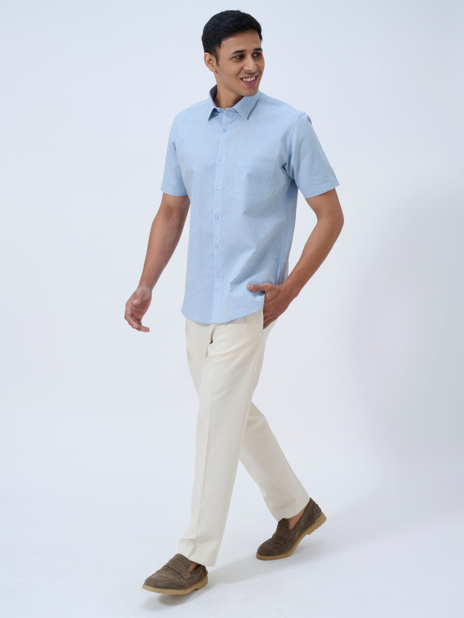 Breezeday Blue Cotton Linen Half Sleeve Shirt