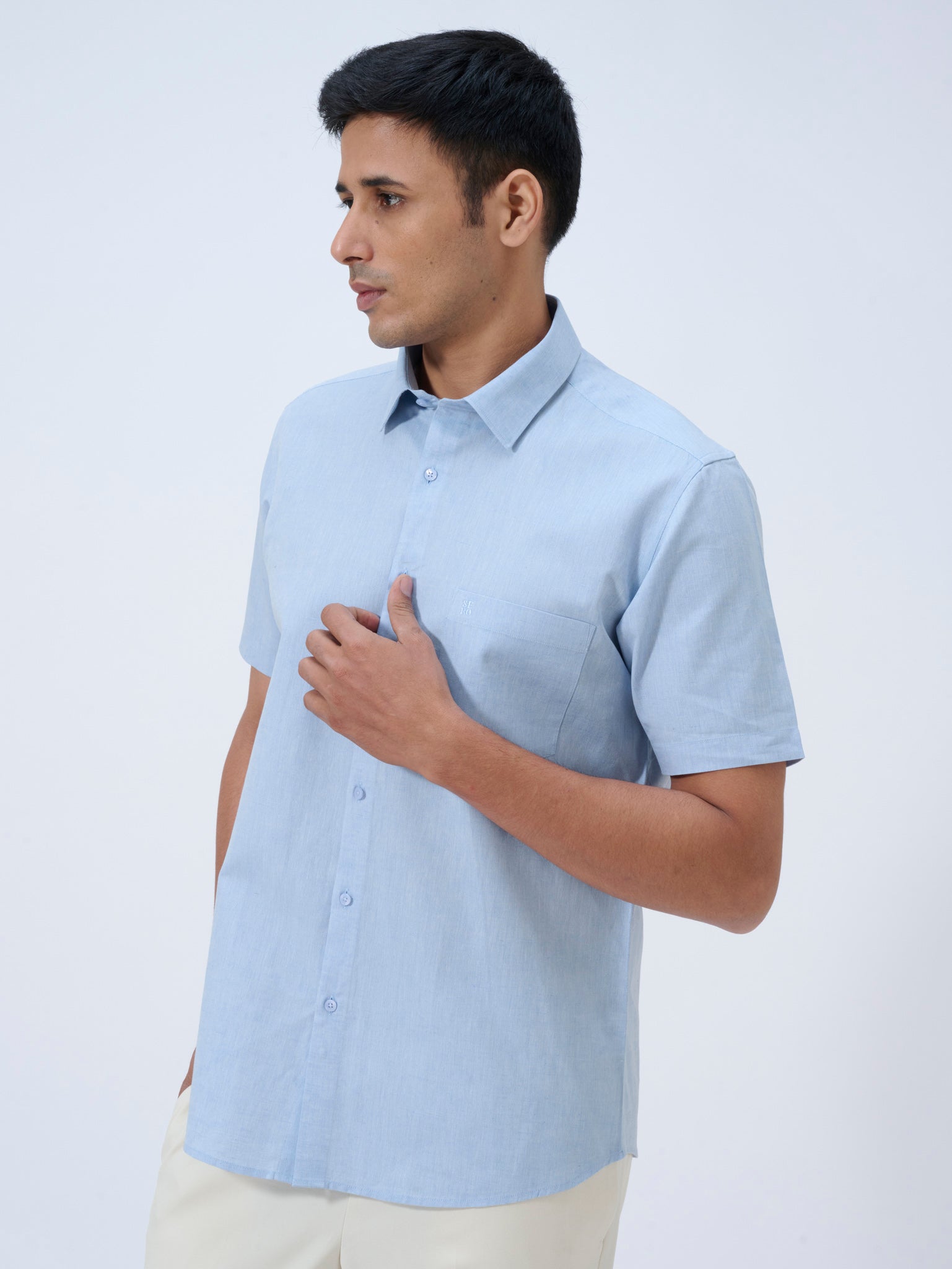 Breezeday Blue Cotton Linen Half Sleeve Shirt
