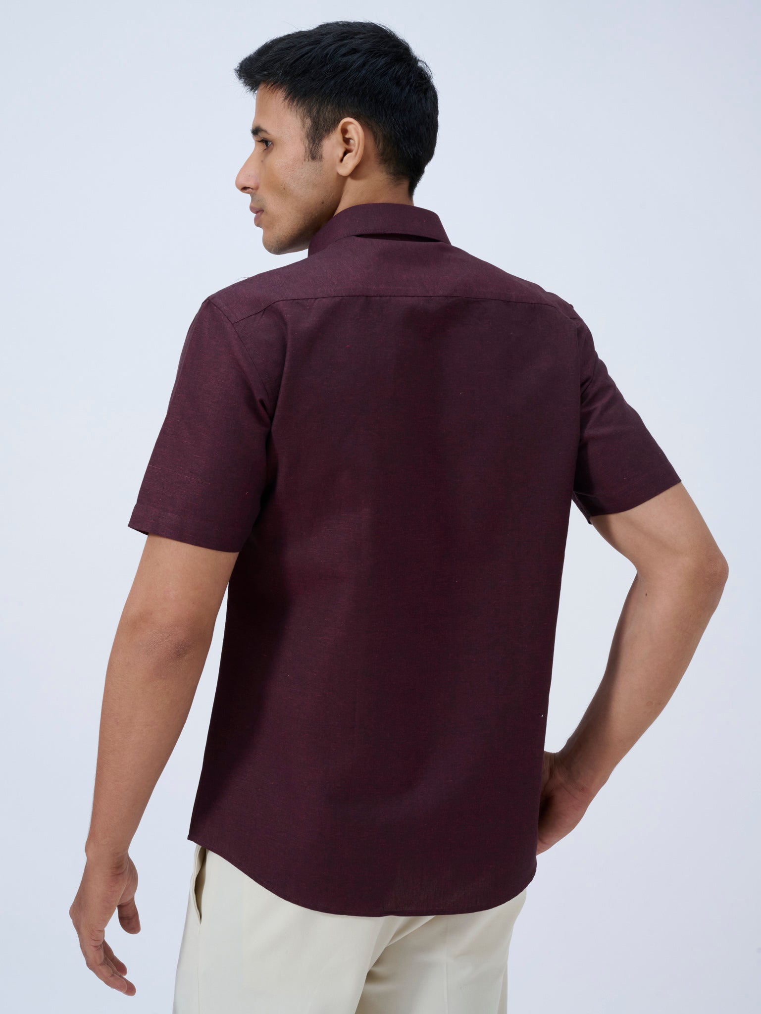 Dark Plum Cotton Linen Half Sleeve Shirt