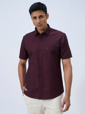 Dark Plum Cotton Linen Half Sleeve Shirt
