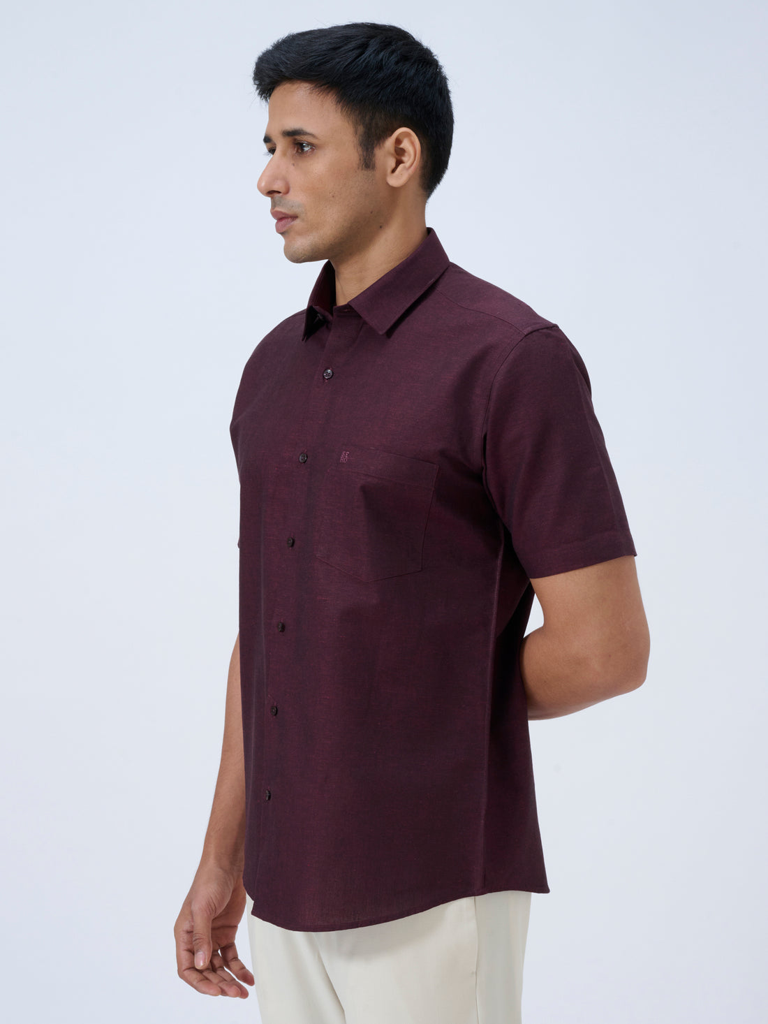Dark Plum Cotton Linen Half Sleeve Shirt
