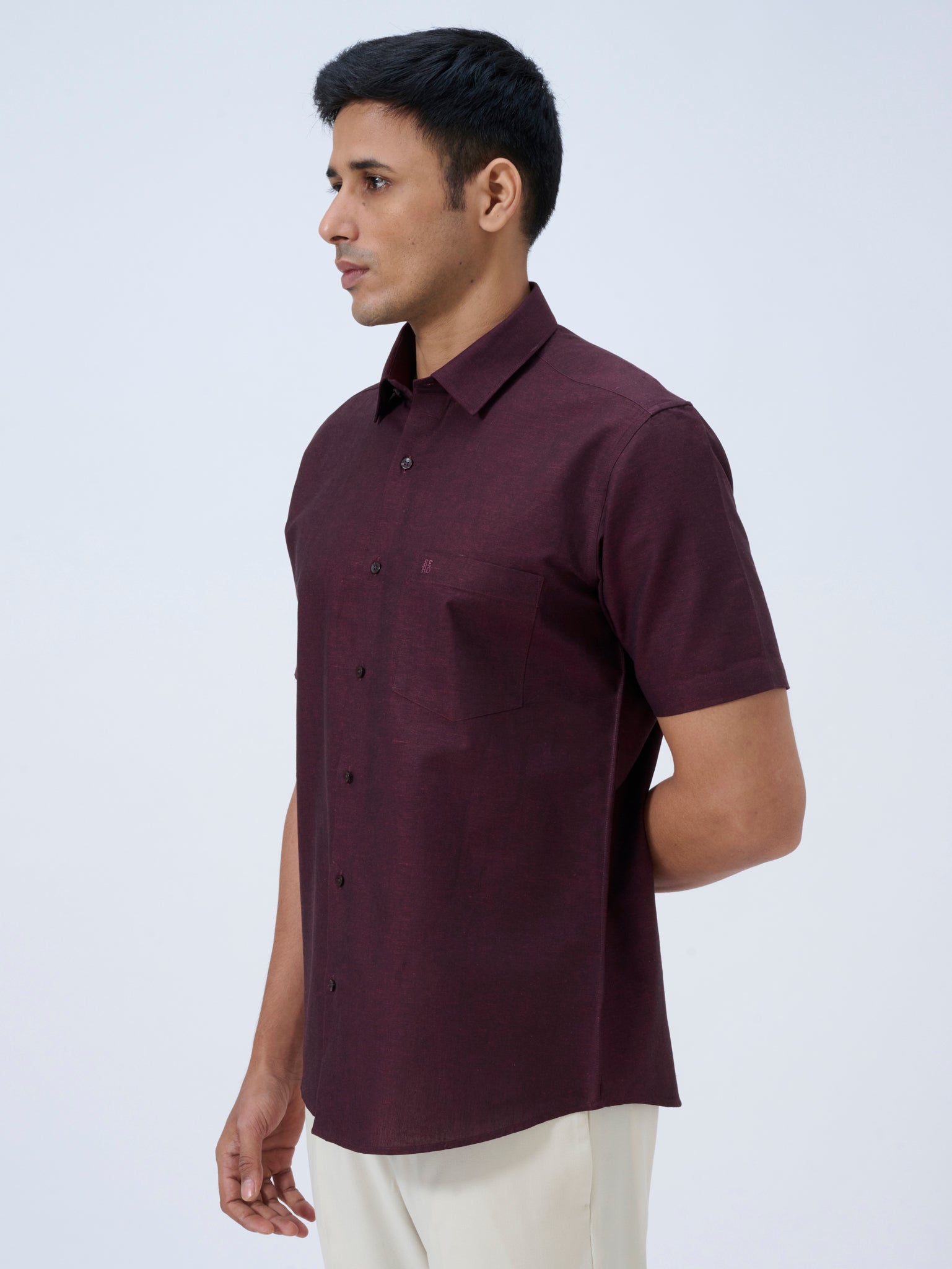 Dark Plum Cotton Linen Half Sleeve Shirt