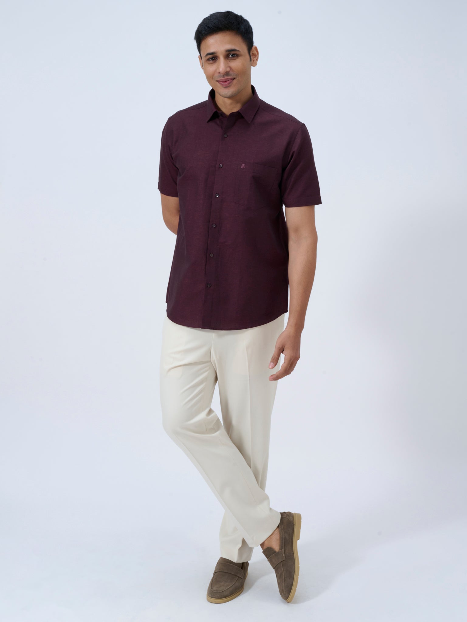 Dark Plum Cotton Linen Half Sleeve Shirt