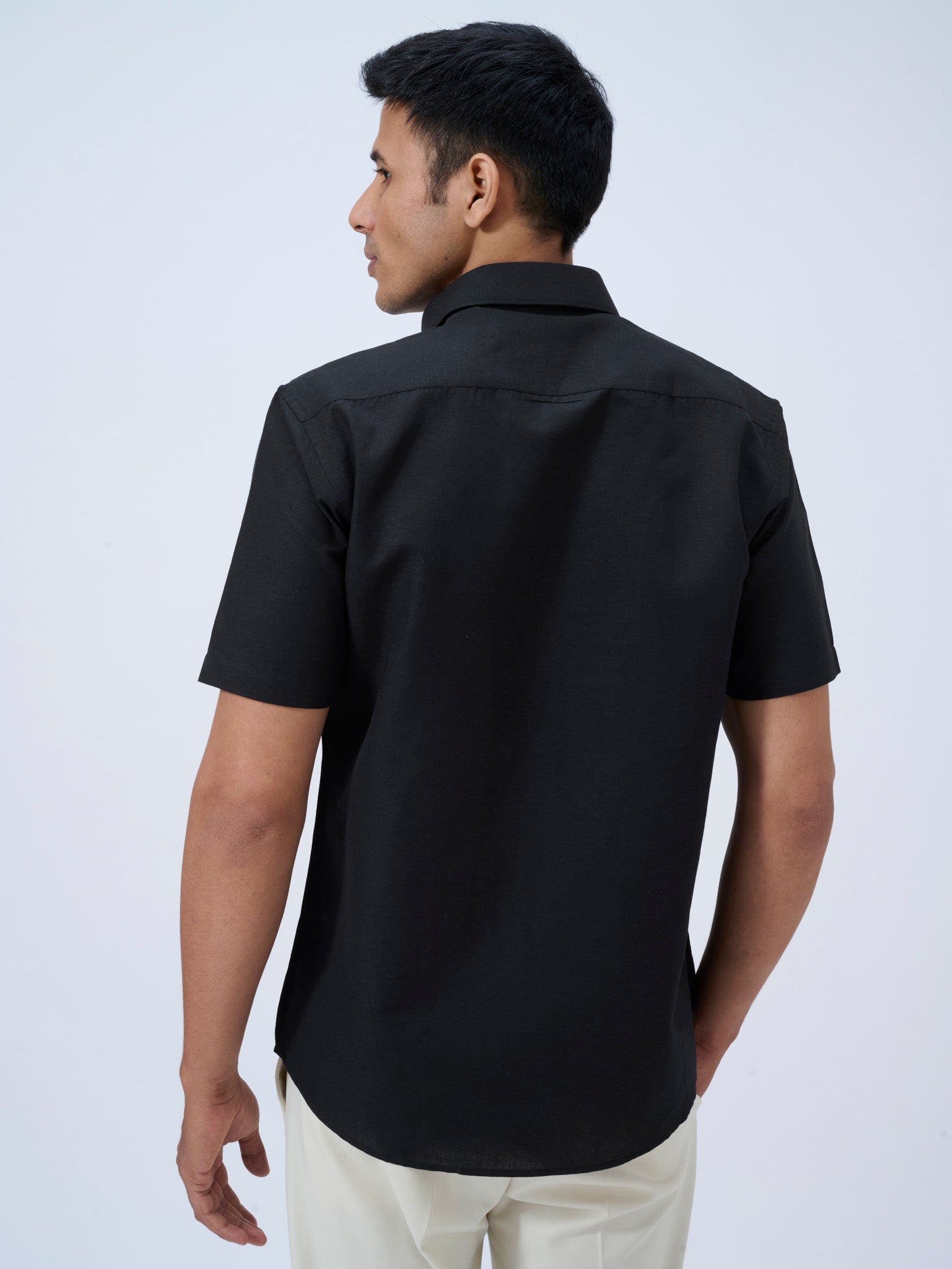 Midnight Black Cotton Linen Half Sleeve Shirt