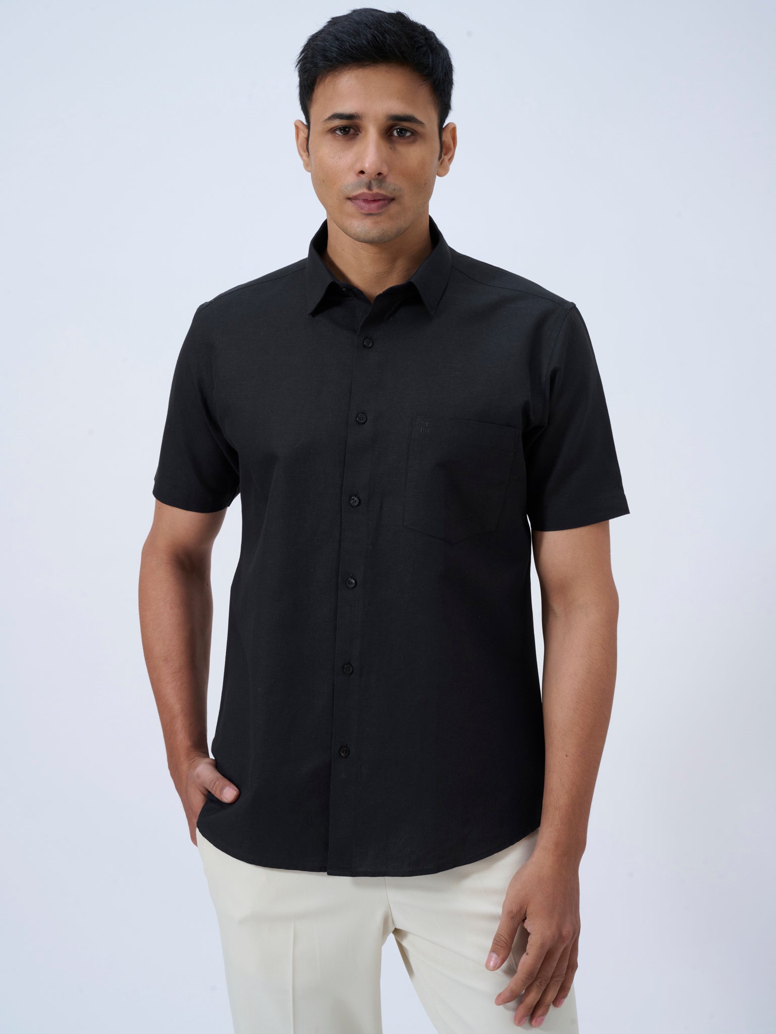 Midnight Black Cotton Linen Half Sleeve Shirt