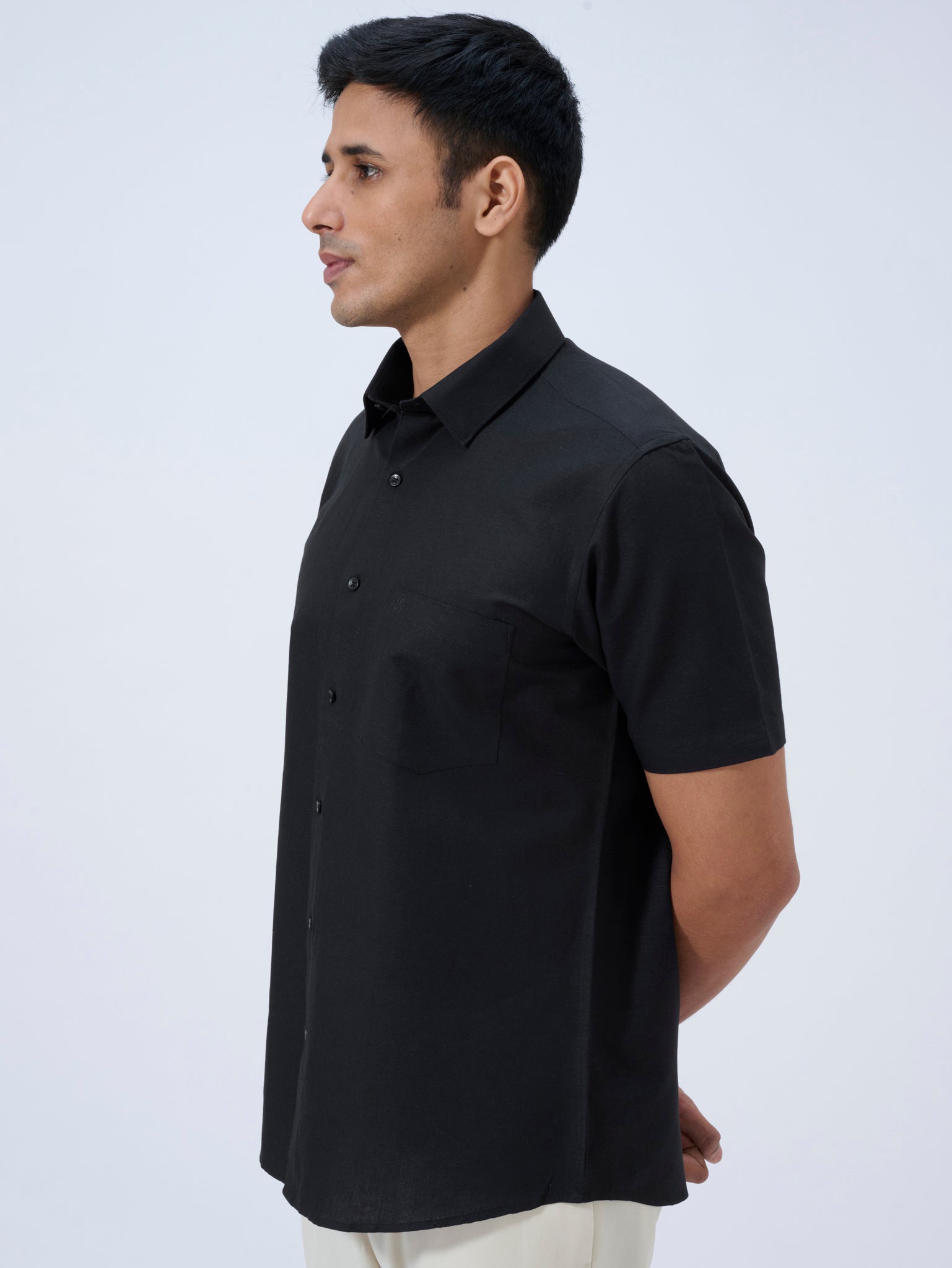 Midnight Black Cotton Linen Half Sleeve Shirt