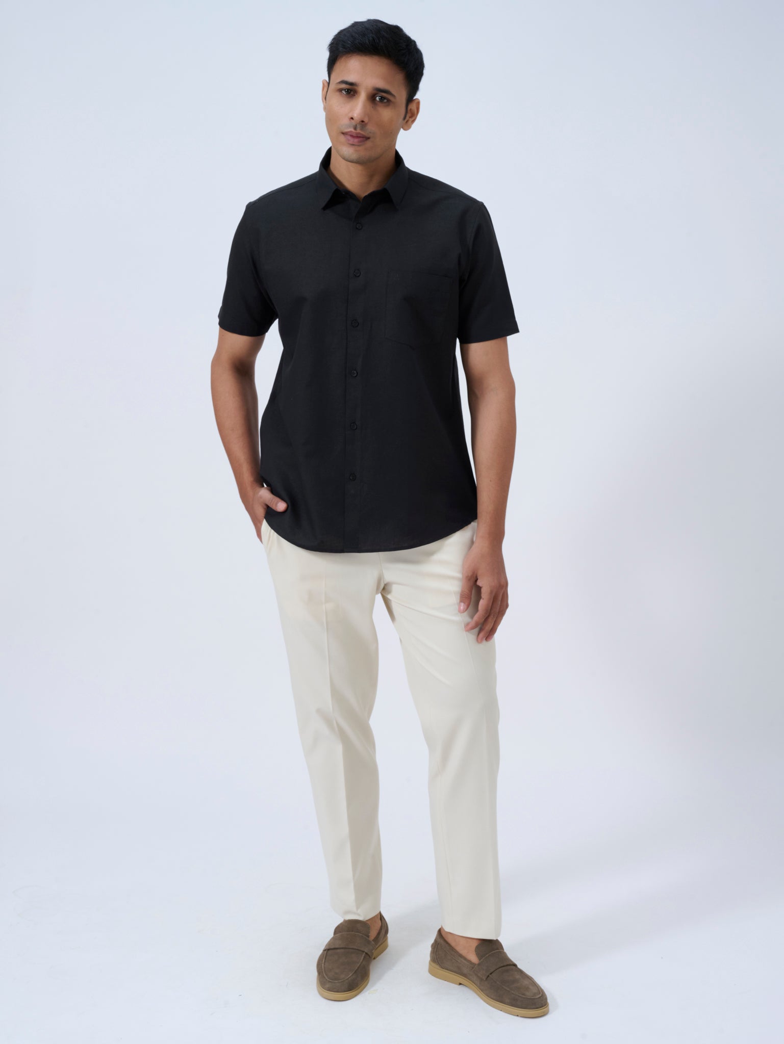 Midnight Black Cotton Linen Half Sleeve Shirt