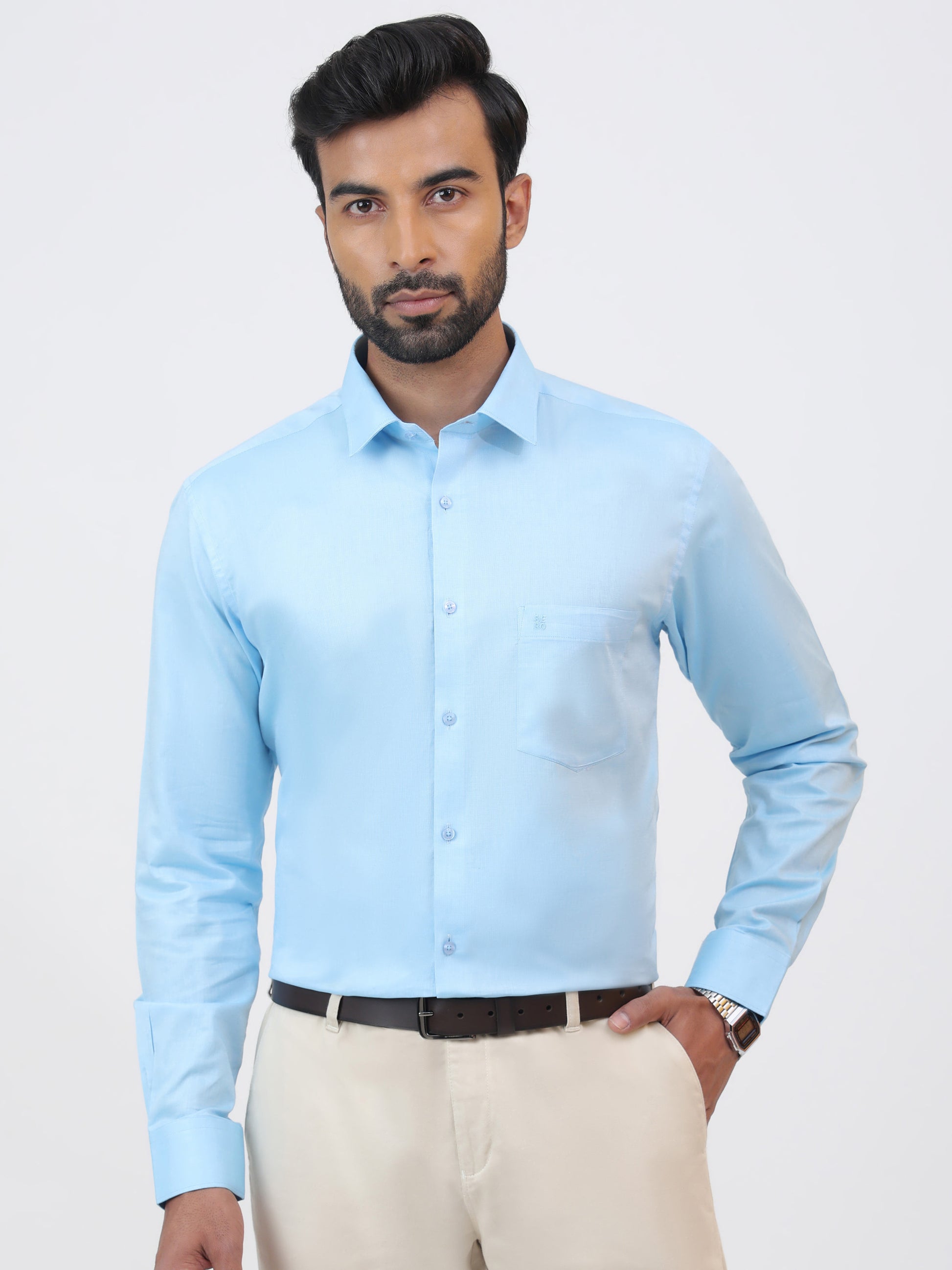 Patel Blue Full Shirt, a two toned turquoise cotton shirt with a tailored fit and long sleeves.